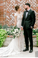 Elegant Sheer Back Cap Sleeves Ivory Wedding Dress