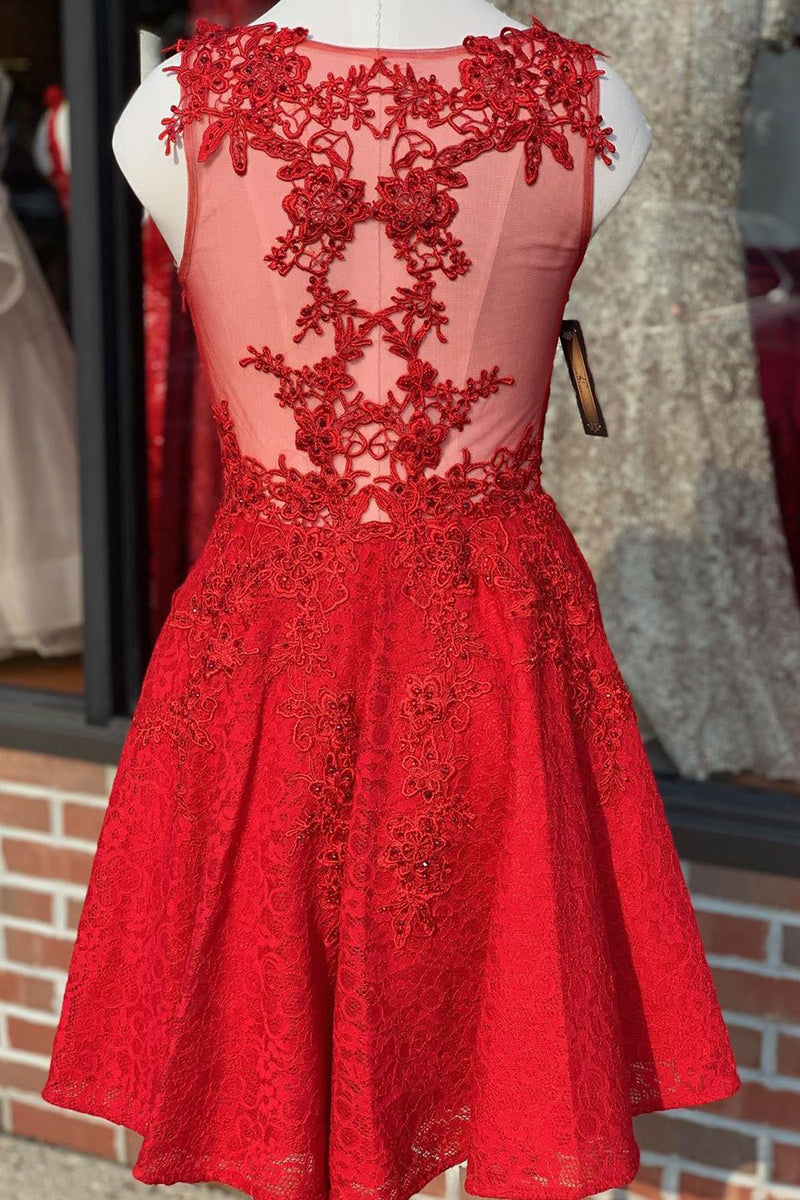 V-Neck Lace Red Homeocming Dress with Mesh