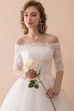 Long Lace-Up A-line Off Shoulder Ivory Bridal Dress with Appliques