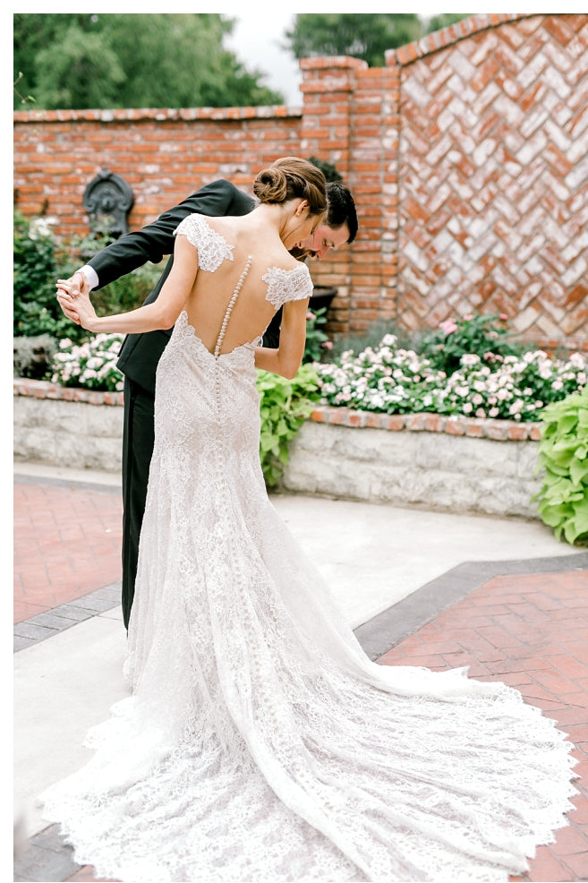 Elegant Sheer Back Cap Sleeve Wedding Dress