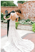 Elegant Sheer Back Cap Sleeves Ivory Wedding Dress
