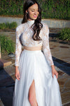 Two Piece High Neck Lace Top Long White Prom Dress with Slit
