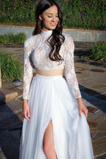 Two Piece High Neck Lace Top Long White Prom Dress with Slit
