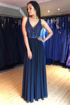 V-Neck Lace-Up Long Navy Blue Prom Dress with Beading Top