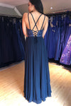 V-Neck Lace-Up Long Navy Blue Prom Dress with Beading Top