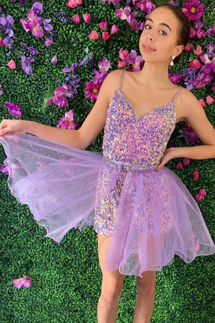Glitter Short Lavender Sequins Homecoming Dress