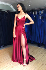 Spaghetti Straps Criss Cross Long Satin Prom Dress with Slit