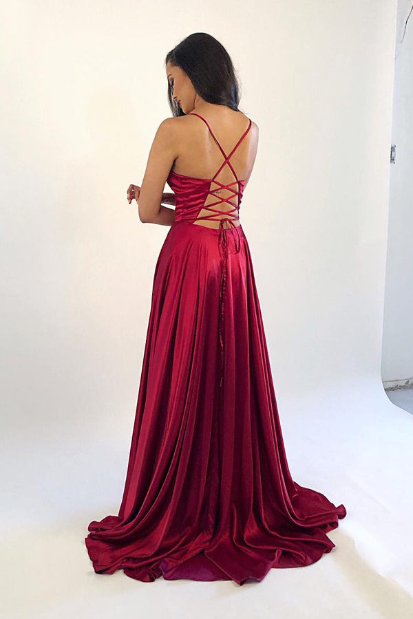 Simple Satin A-Line V-Neck Lace-Up Party Prom Dress With Slit