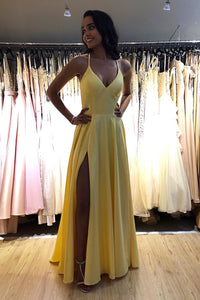 Simple Satin A-Line V-Neck Lace-Up Party Prom Dress With Slit