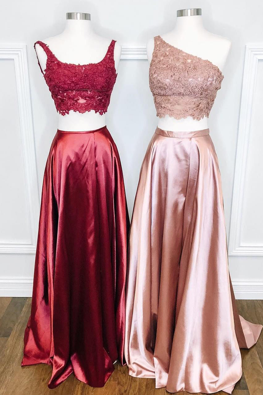 Two Piece Straps/One Shoulder Long Prom Dress with Lace Top