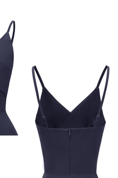 Spaghetti Straps Navy Blue Satin Party Dress