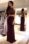 Two Piece Mermaid Beaded Burgundy Long Prom Dress with Lace Top