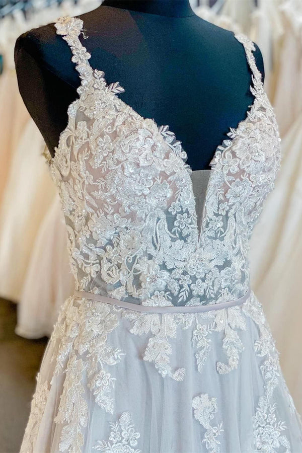 V-Neck Backless White Long Wedding Dress with Appliques