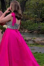 Two Piece Tie Shoulder Fuchsia Prom Dress with Sequined Top