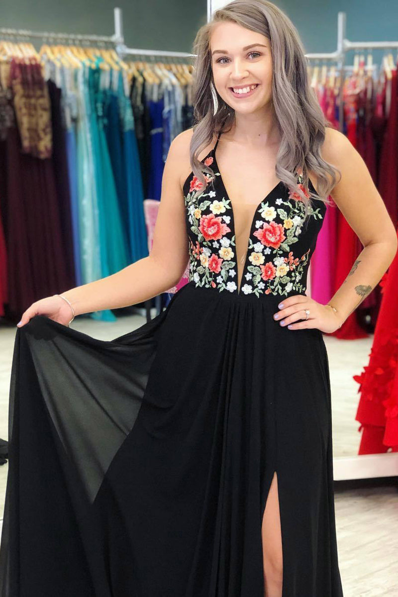 V Neck Floral Black Long Prom Dress with Side Slit