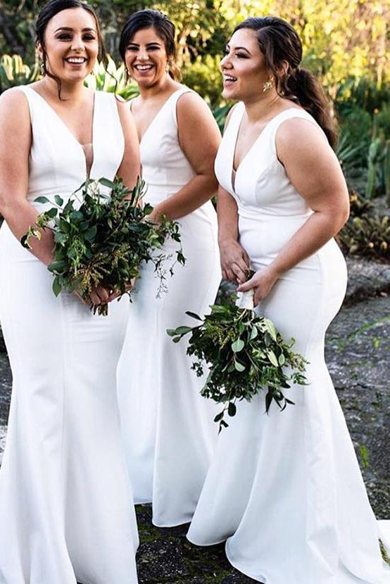 Mermaid White V Neck Long Bridesmaid Dress – FancyVestido