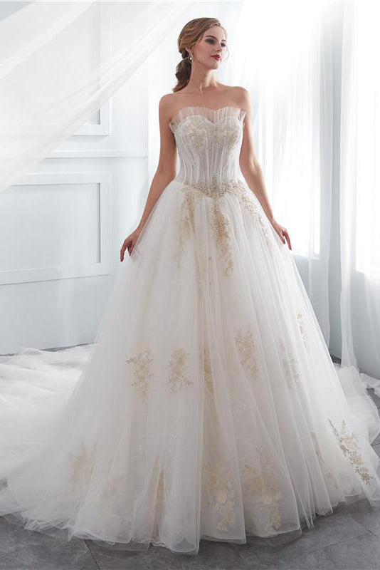 Long Lace-Up A-line Strapless Ivory Wedding Dress with Gold Appliques