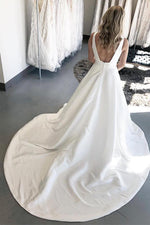 Long Open Back A-line V-Neck White Wedding Dress with Pockets