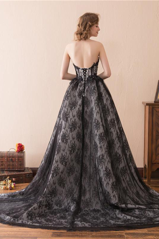 Elegant Strapless Black Lace Sweetheart Neckline Prom Dress
