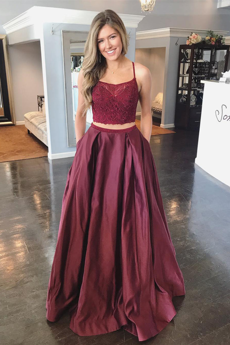 Two Piece Criss Cross Back Maroon Long prom Dress with Lace Top