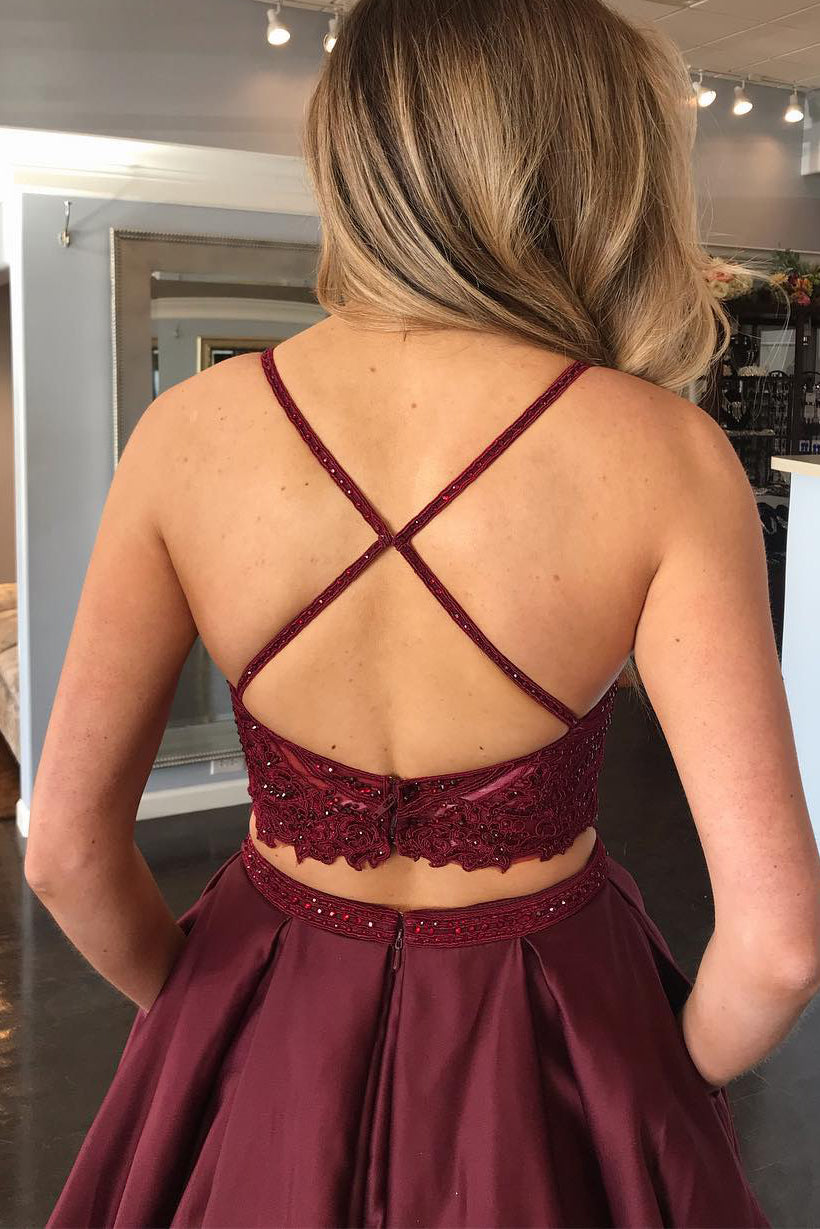Two Piece Criss Cross Back Maroon Long prom Dress with Lace Top FancyVestido Two Piece Criss Cross Back Maroon Long prom Dress with Lace Top FancyVestido