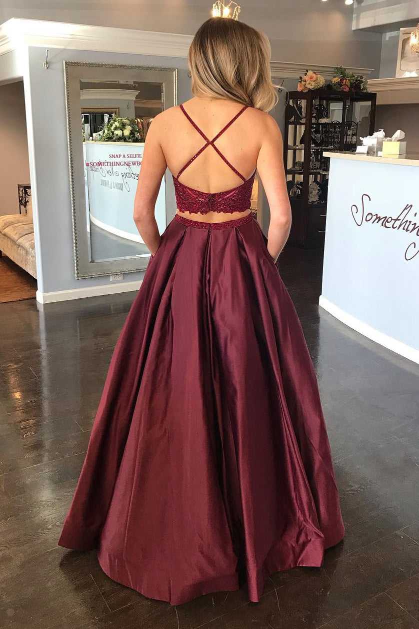 Two Piece Criss Cross Back Maroon Long prom Dress with Lace Top FancyVestido Two Piece Criss Cross Back Maroon Long prom Dress with Lace Top FancyVestido