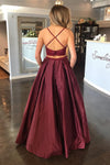 Two Piece Criss Cross Back Maroon Long prom Dress with Lace Top