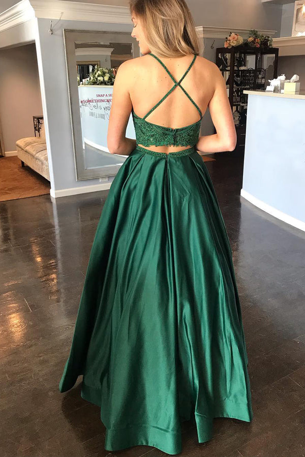 Two Piece Criss Cross Back Maroon Long prom Dress with Lace Top