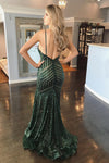 Mermaid Sequin Dark Green Long Prom Dress with Open Back
