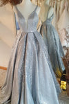 Silver V-Neck Long Prom Dress with Sequins