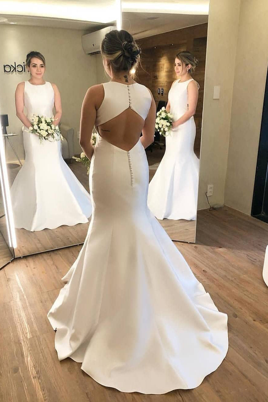 Minimalist Long Scoop Mermaid Ivory Wedding Dress with Cutout