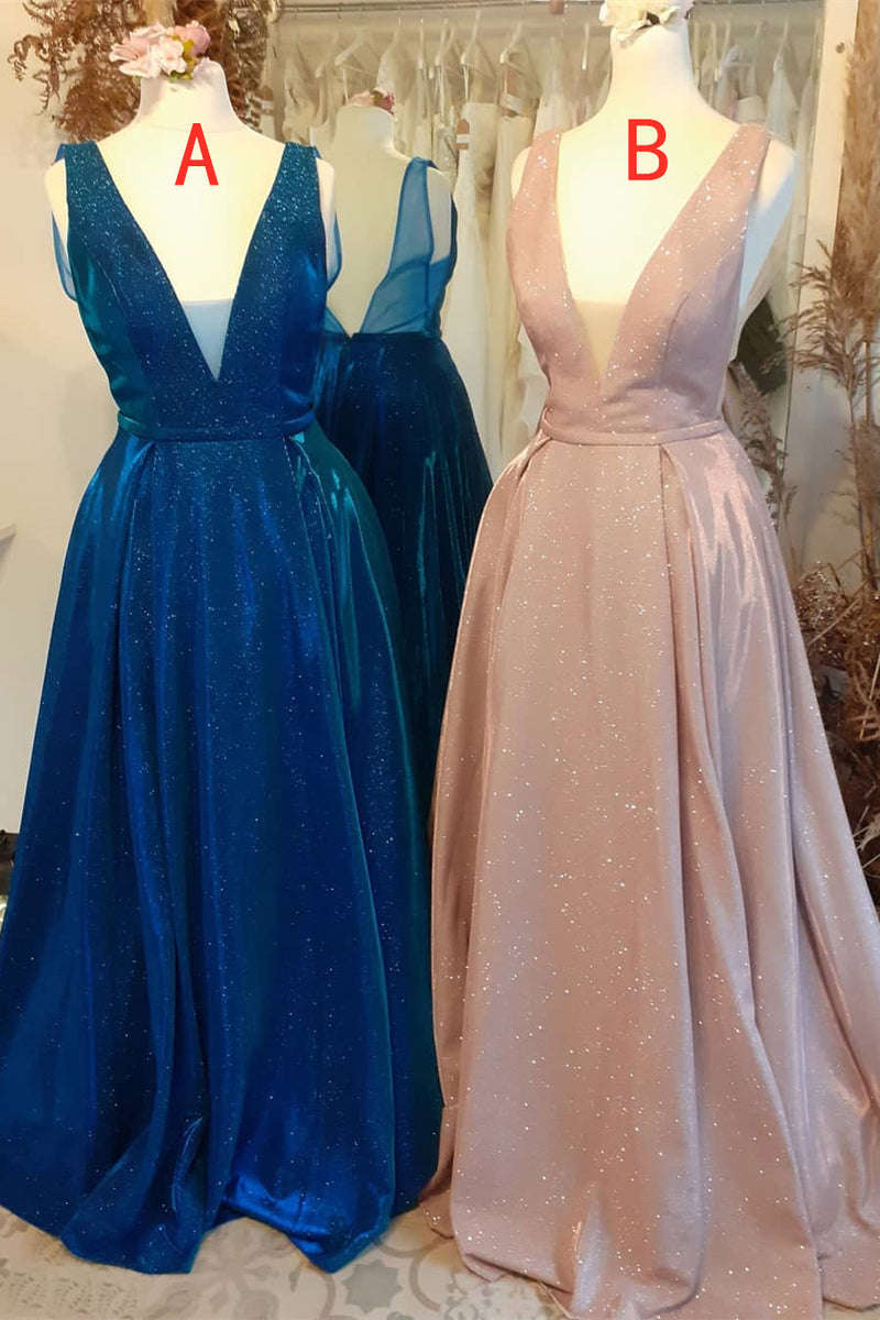 A-Line Deep V-Neck Blush Pink Long Prom Dress