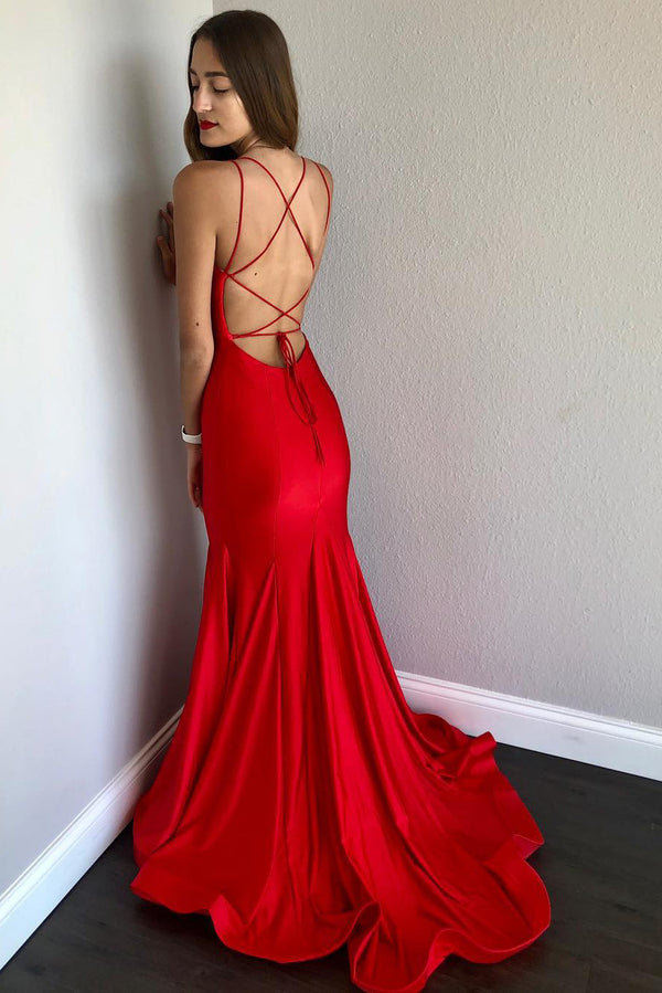 Stunning Crimson V-Neck Spaghetti Strap Mermaid Evening Formal Dress