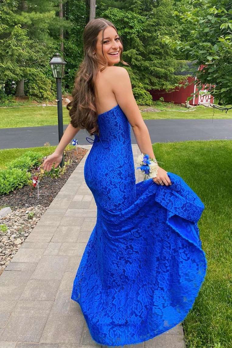 Strapless Royal Blue Lace Prom Dress with Slit FancyVestido Strapless Royal Blue Lace Prom Dress with Slit FancyVestido