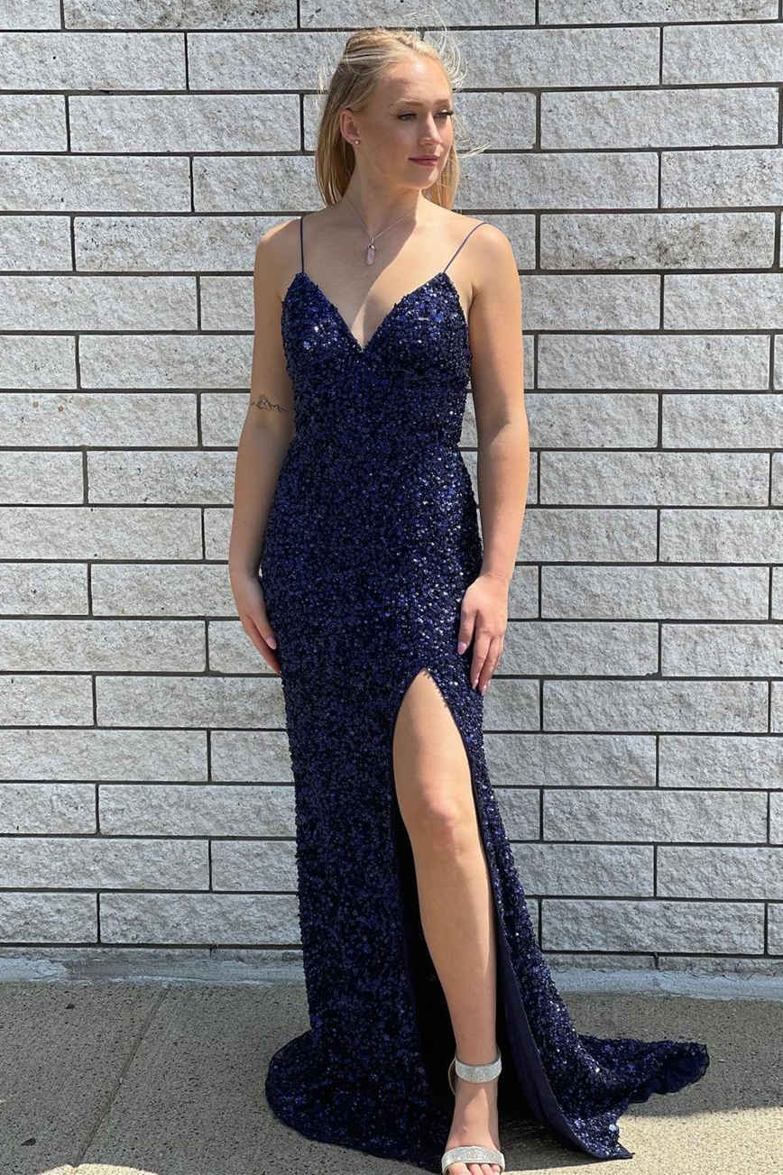 Sexy V-Neck Straps Navy Blue Sequined Long Prom Dress with Slit