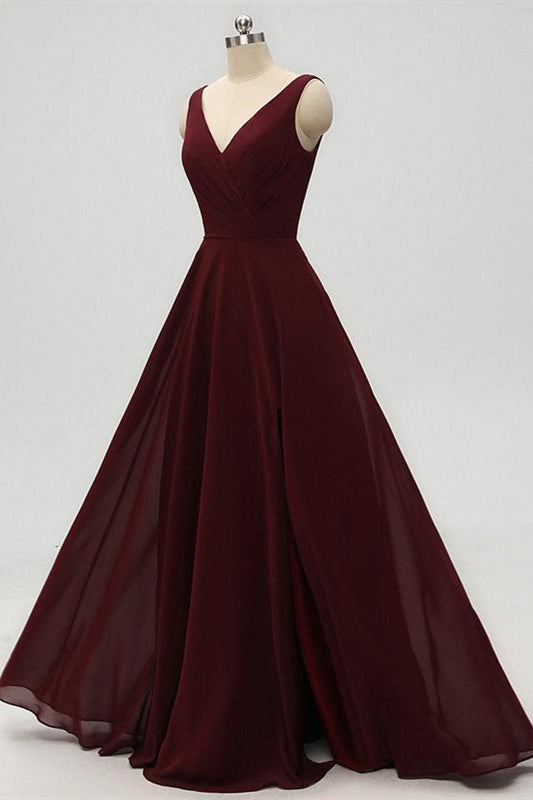 A-Line Double V-Neck Burgundy Bridesmaid Dress