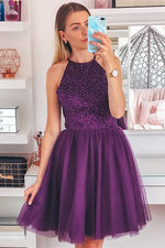 Cute Grape Beaded Short Homecoming Dress
