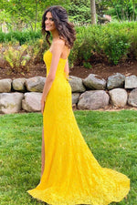 Mermaid Side Slit Yellow Lace Long Prom Dress