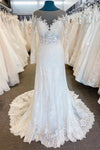 Elegant Illusion Neck White Wedding Dress with Long Sleeves