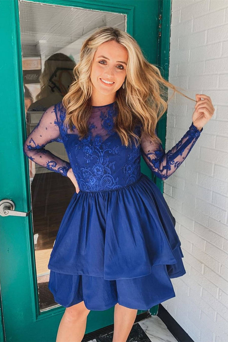 Cute Royal Blue Lace Short Party Dress with Illusion Sleeves
