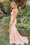 Elegant Strapless Pink Lace Prom Dress with Side Slit