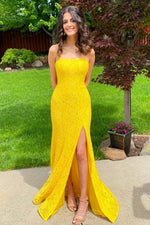 Mermaid Side Slit Yellow Lace Long Prom Dress