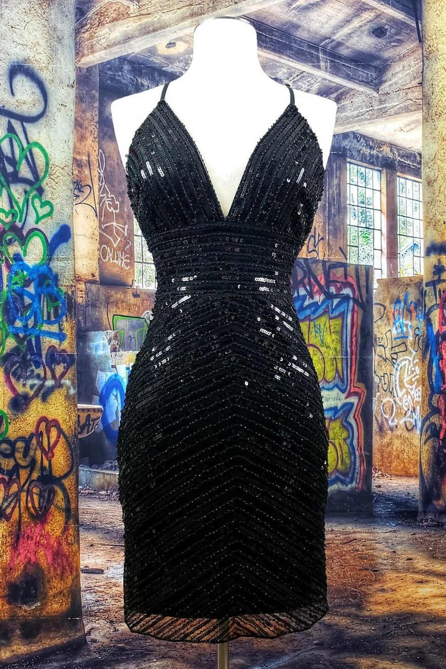 slim fit dress slacks Halter Tight Black Sequined Short Homecoming Dress – FancyVestido