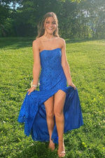 Strapless Royal Blue Lace Prom Dress with Slit
