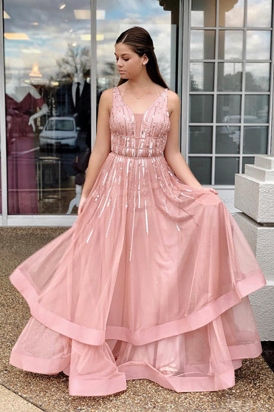 Pink A-Line V-Neck Sleeveless Sequin Appliques Party Prom Dress