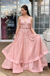 Tiered Sequins Long Blush Pink Prom Dress