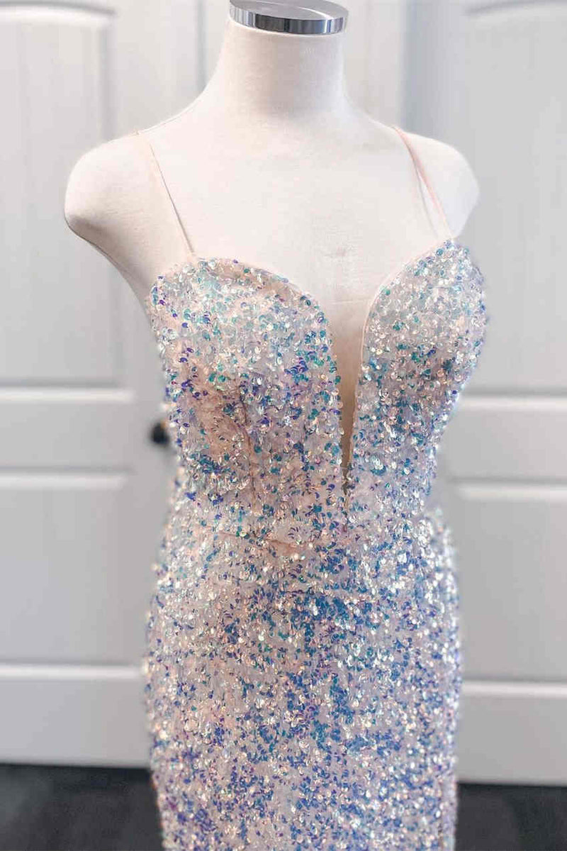 Side Slit Straps Pink Sequins Long Prom Dress