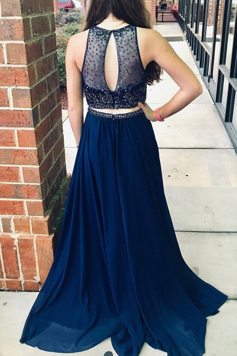 Two Piece Jewel Beaded Navy Blue Long Prom Dress with Keyhole Back FancyVestido Two Piece Jewel Beaded Navy Blue Long Prom Dress with Keyhole Back FancyVestido