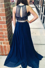 Two Piece Jewel Beaded Navy Blue Long Prom Dress with Keyhole Back