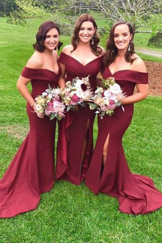 Burgundy Off-shoulder Long Bridesmaid Dress with Side-Split